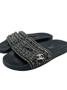 Chanel Sandals Leather CC Logo 6 Chain Shoes Flat Black